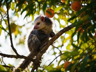 Fototapeta premium Opossum Perched in Citrus Tree: A solitary opossum, its fur a blend of grey and white, finds sanctuary amidst the vibrant foliage of a citrus tree, surrounded by ripe, round fruits.