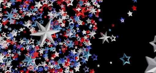 Red, white, and blue stars burst on black background. Perfect for Independence Day.