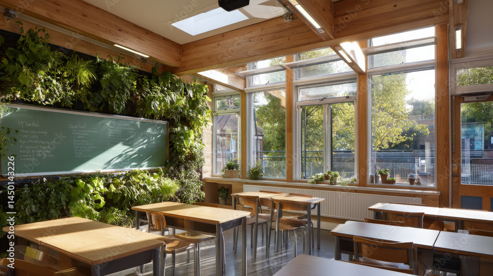 Aufkleber a bright and inviting classroom features wooden beams and large windows, adorned with lush greenery 