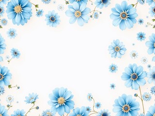 Floral Frame Blue Flowers:  An enchanting floral frame featuring a soft and delicate arrangement of light blue flowers along the borders of a white background.