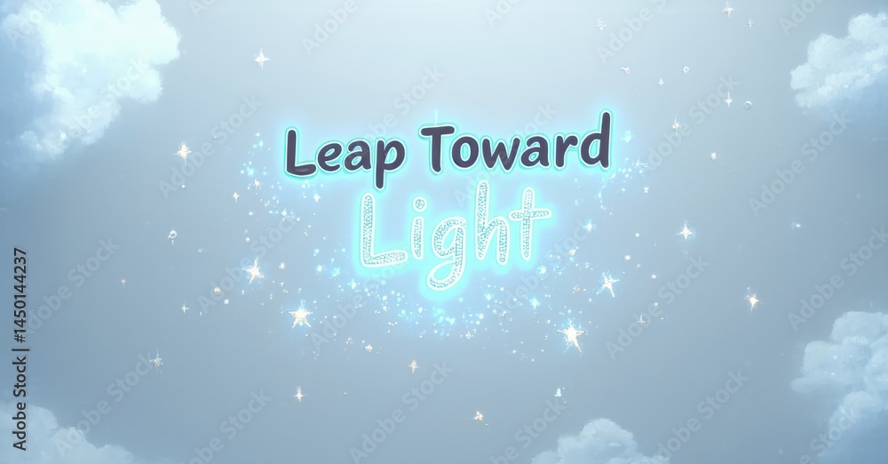 Aufkleber sky background features text reading leap toward light. clouds, sparkles create dreamy, hopeful atmo