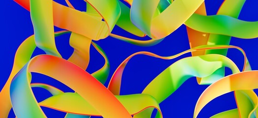 Vibrant, colorful ribbons intertwine against a deep blue backdrop. Perfect for modern designs.