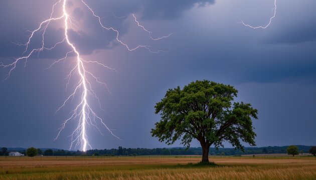 lightning striking a tree in an open field during a severe thunderstorm