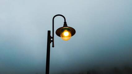 Garden lights are on in the afternoon with a foggy background