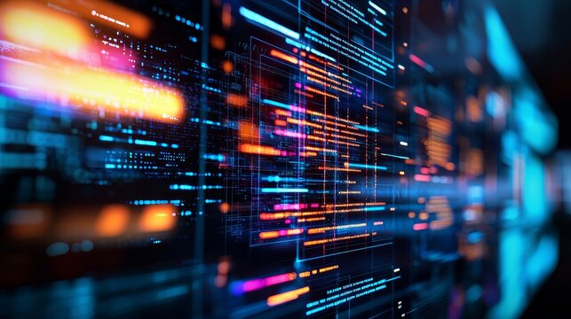 Digital data streams and code on a futuristic interface background. Education technology online learning ai powered education.