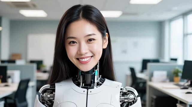 Smiling android businesswoman in modern office