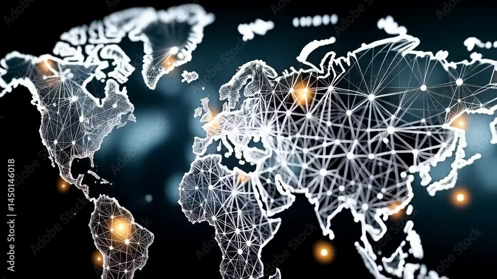 Poster abstract digital world map with network connections and glowing points, depicting global communicati