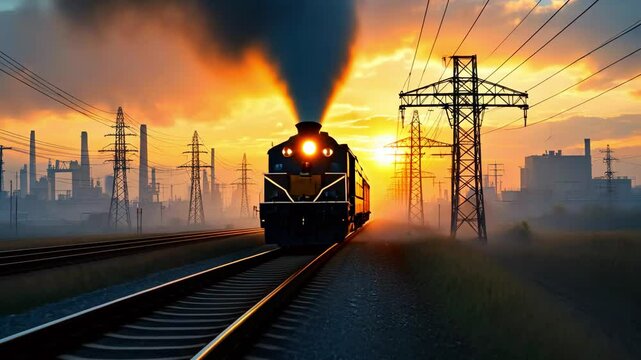 Vintage steam train chugging along tracks at sunset, surrounded by industrial landscape and power lines