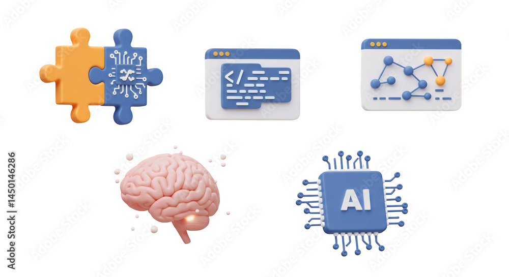 Poster artificial intelligence concept with puzzle pieces brain and coding icons on a black background