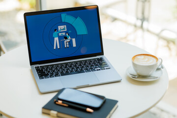 Fototapeta premium Businesswoman showing growth charts on a laptop, confidently looking at the camera — great for leadership and corporate strategy themes.