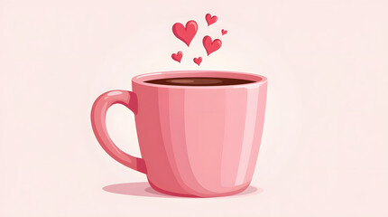 A cute pink coffee cup with steam rising and heart shapes, symbolizing warmth and love.