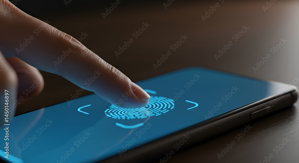 Poster woman scans fingerprint on smartphone unlock screen using biometric identification technology for co