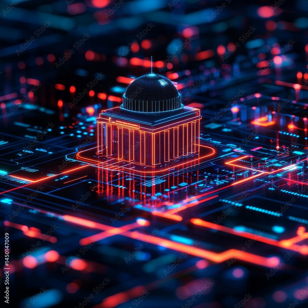Poster futuristic digital cityscape with glowing architecture and circuit patterns. government technology d