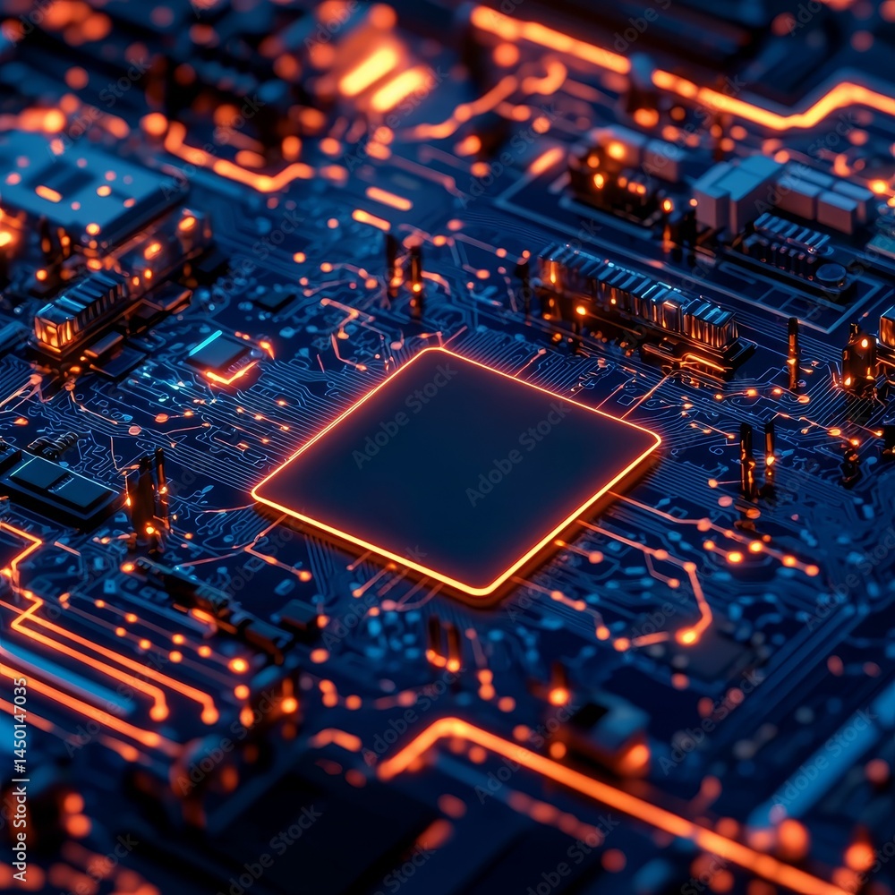 Poster abstract view of a futuristic circuit board with glowing components. government technology cybersecu
