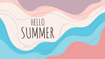 HELLO SUMMER BACKGROUND BRIGHT ABSTRACT HAND DRAWN SHAPES FLAT PASTEL COLORFUL DESIGN VECTOR. GODD FOR FLYER, BANNERS, PRINT, WEBSITE, WALLPAPER, COVER DESIGN, GREETING CARD