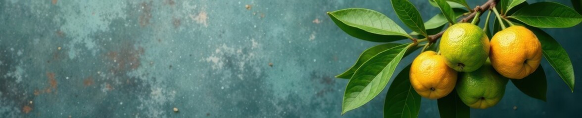 Cluster of immature green tangerines on branch, concrete wall setting, citrus fruits, concrete background, fruit branch