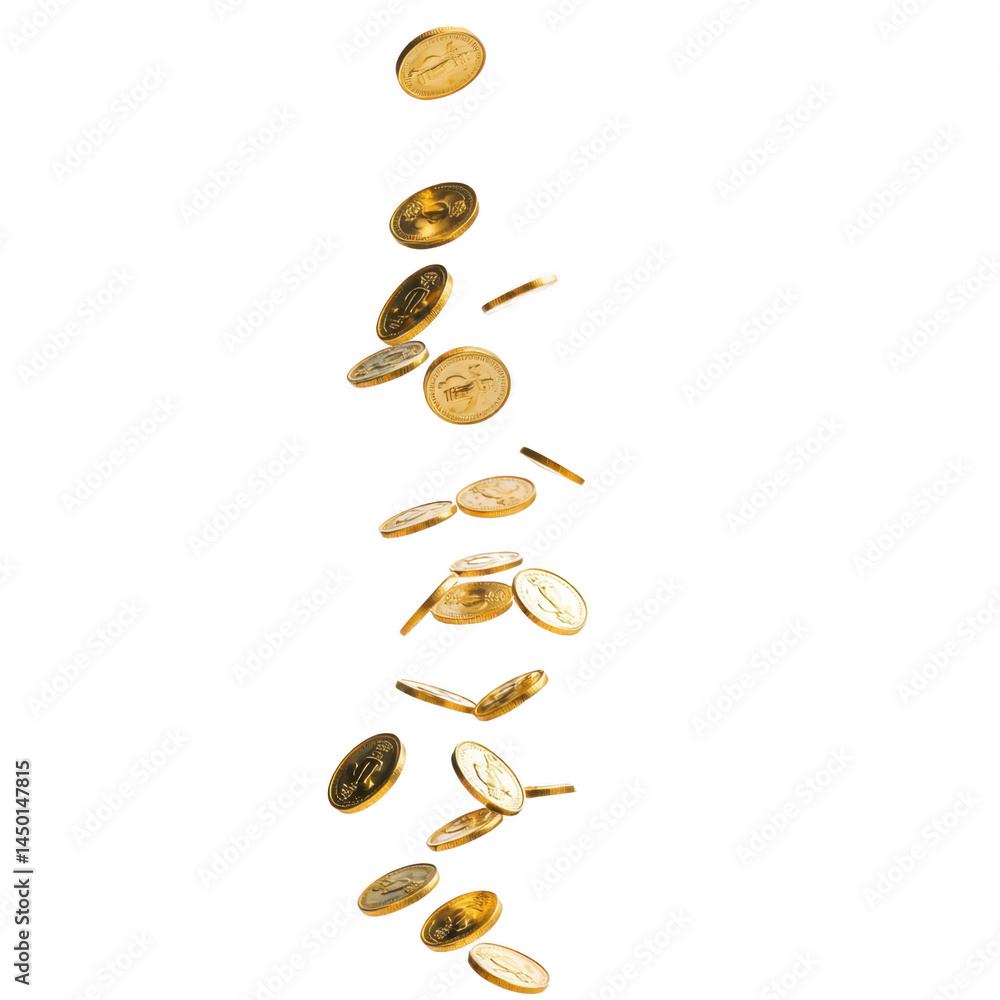 Poster falling gold coins against transparency background create dynamic and lively scene, symbolizing weal
