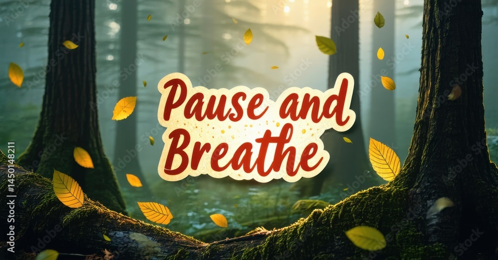 Poster Forest scene with text overlay. Sunlight filters through trees, creating peaceful atmosphere. Falling leaves add gentle touch.