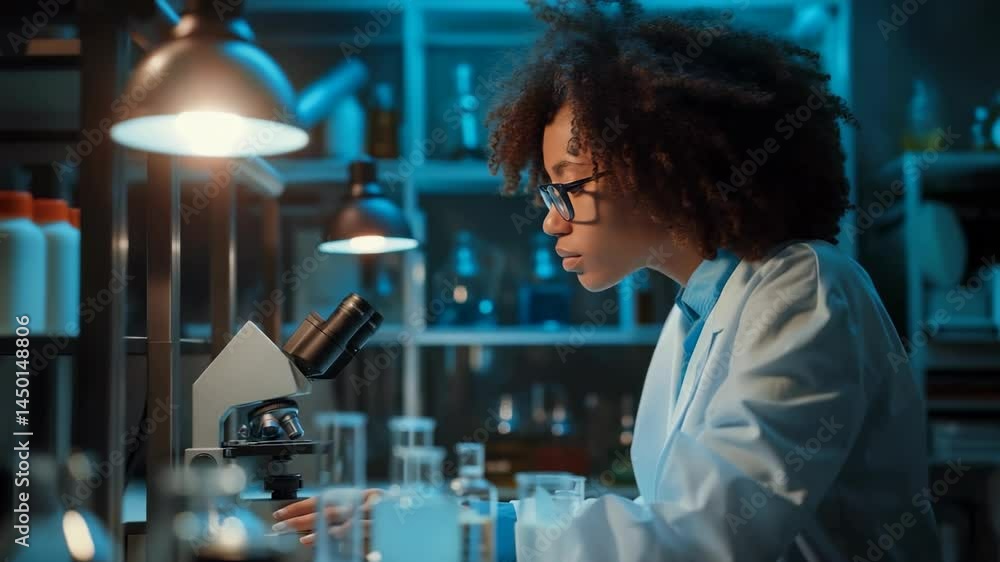 Aufkleber A scientist with eyeglasses is in a brightly lit lab, analyzing samples through a microscope. In this science lab, test tubes and lab equipment are close by, adding to the scientific work.