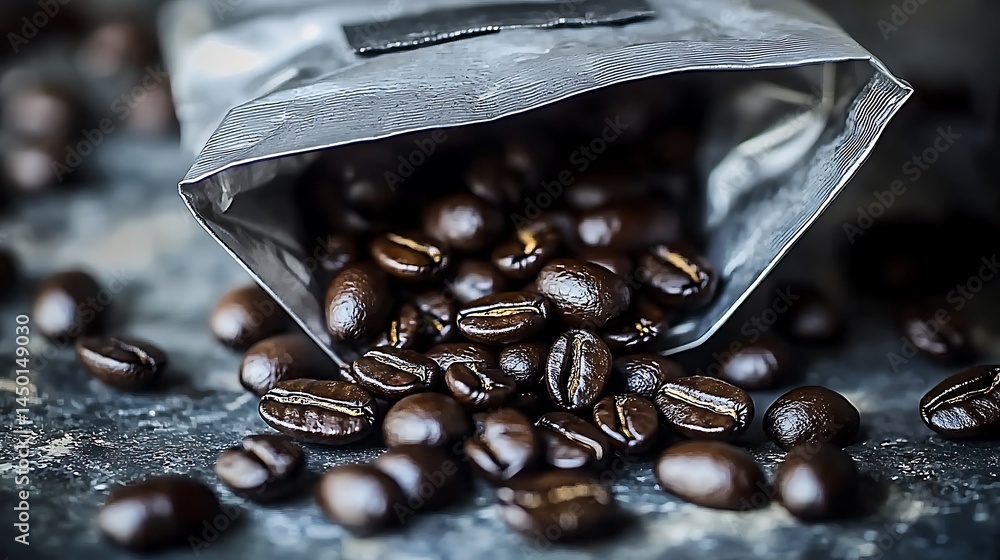 Poster close-up view of coffee beans spilling from a transparent package.