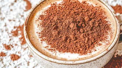 Creamy cappuccino topped with cocoa powder on a textured surface.