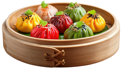 Exquisite Dumplings on Display: A captivating image showcasing a variety of colorful, meticulously crafted dumplings, presented within a traditional bamboo steamer.