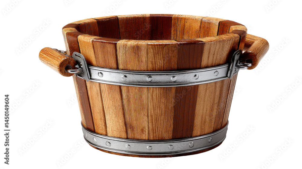 Aufkleber wooden bucket with handle: close-up of a meticulously crafted wooden bucket, its natural wood grain 