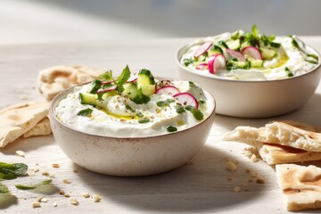 Two bowls of tzatziki dip with fresh vegetables and pita bread on a light wooden table.