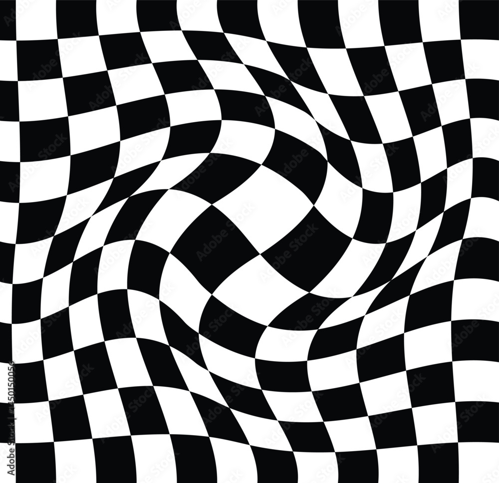 Poster abstract checkerboard wave pattern. trippy checkerboard background. groovy hippie black and white ch