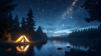 Fototapeta premium A tranquil night scene features a glowing tent beside a calm lake under a breathtaking starry sky in a peaceful forest.