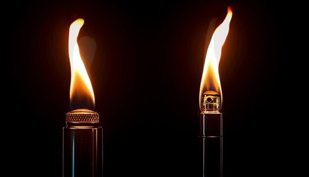 Close-up of Two Metal Lighters with Bright Flames on Black Background, Fire Safety or Energy Concept, Isolated Ignition Tools for Commercial Use