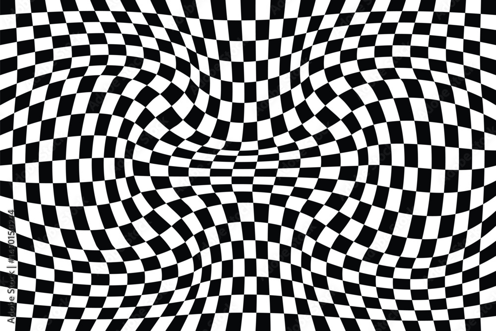 Poster abstract checkerboard wave pattern. trippy checkerboard background. groovy hippie black and white ch