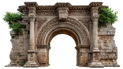 Obraz premium Ancient Stone Archway: A majestic ancient stone archway, weathered by time, stands as a testament to a bygone era. Intricate carvings adorn its surface, partially obscured by encroaching vegetation.