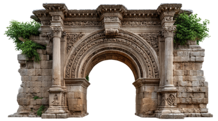 Ancient Stone Archway: A majestic ancient stone archway, weathered by time, stands as a testament to a bygone era. Intricate carvings adorn its surface, partially obscured by encroaching vegetation.
