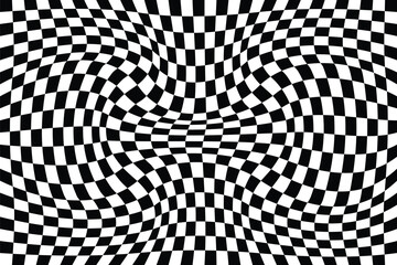 Abstract checkerboard wave pattern. Trippy checkerboard background. Groovy hippie black and white chessboard pattern. Distorted geometric pattern. Abstract monochrome vector backdrop illustration.