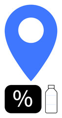 Large blue location pin above percentage sign and water bottle. Ideal for sustainability, recycling, water usage, resource tracking, eco-awareness, environmental projects, monitoring. Flat simple