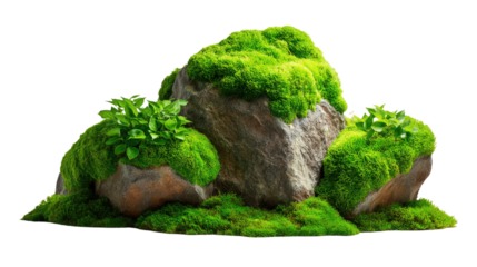 Moss-Covered Rocks: A serene display of nature's beauty showcasing rugged rocks adorned with vibrant green moss and delicate plant life. A tranquil outdoor scene