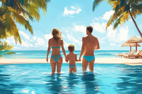 Family vacation. Boy with parents on a private beach. Bright, sunny sky, bright colors and smiling face convey joy and relaxation. Suitable for travel companies.