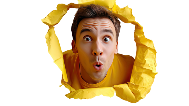 Shock and Surprise: A close-up of a man peeking through a torn yellow paper, his face expressing astonishment and disbelief, creating a visually arresting image that sparks curiosity.