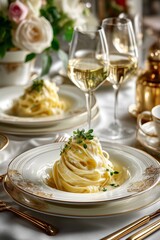 Elegant serving of pasta in a restaurant setting with a glass of white wine in the background. Gourmet Italian cuisine presented in a refined and cozy dining atmosphere. Soft lighting and warm tones c