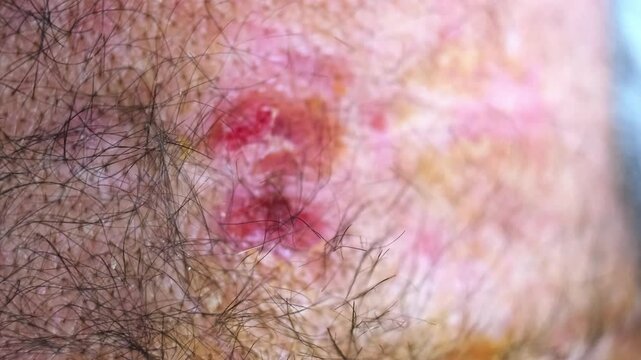 Skin lesion symptom in Shingles or Herpes zoster in person. Viral disease Varicella virus. Painful skin rash with blisters on the body. Red pimples. Insects bite. Body injury. High quality 4k footage.
