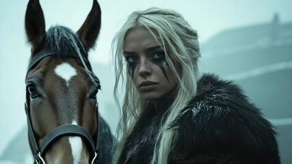 Elegant woman in fur coat standing next to majestic horse - Powered by Adobe