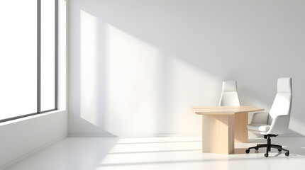 Fototapeta premium Modern minimalist office space featuring a wooden desk and ergonomic chairs, illuminated by natural light.