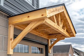 Obraz premium Wooden awning over a garage entrance. Trimmed with light-colored wood, the awning has a peaked roof and supports over a light-brown garage door. Gray siding and gray-colored bricks are visible