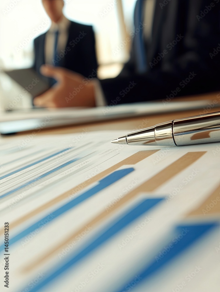 Poster focused business analytics meeting with document charts for project insights