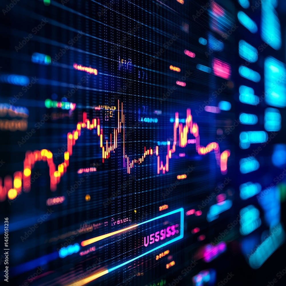 Poster stock market graph with vibrant colors and dynamic data visualization. business and predictive analy