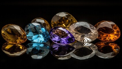 Colorful gems, various shapes and hues, reflecting on black surface