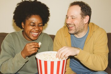Joyful friends sharing popcorn