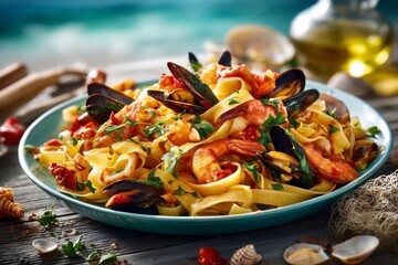 Close-up of a gourmet seafood pasta dish served on a ceramic plate. The composition features al dente pasta combined with a variety of fresh seafood