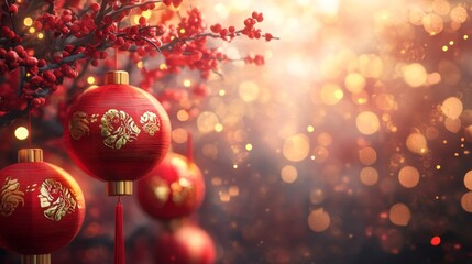 Obraz premium Red Lanterns Adorn Festive Branches With Golden Accents